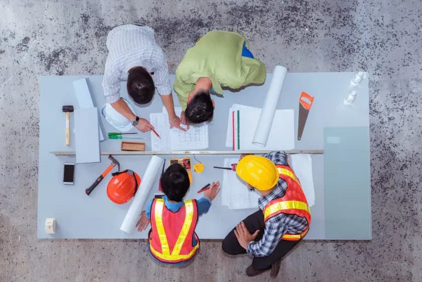 Overhead view of a team in safety gear planning around a table of plans and tools