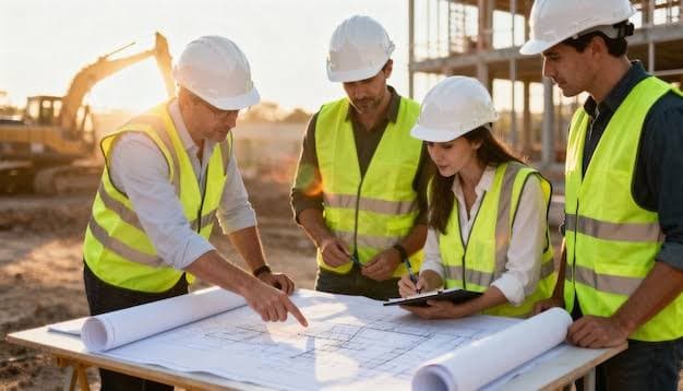 A crew in hard hats and safety vests reviewing blueprints together at a jobsite