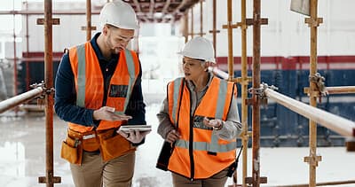 Two workers in hard hats and safety vests walking through scaffolding while checking a tablet